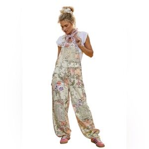 POL Floral Patchwork Overalls in Cream and Pastel Accents